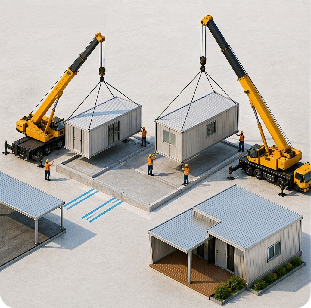 Cranes placing modules during on-site assembly